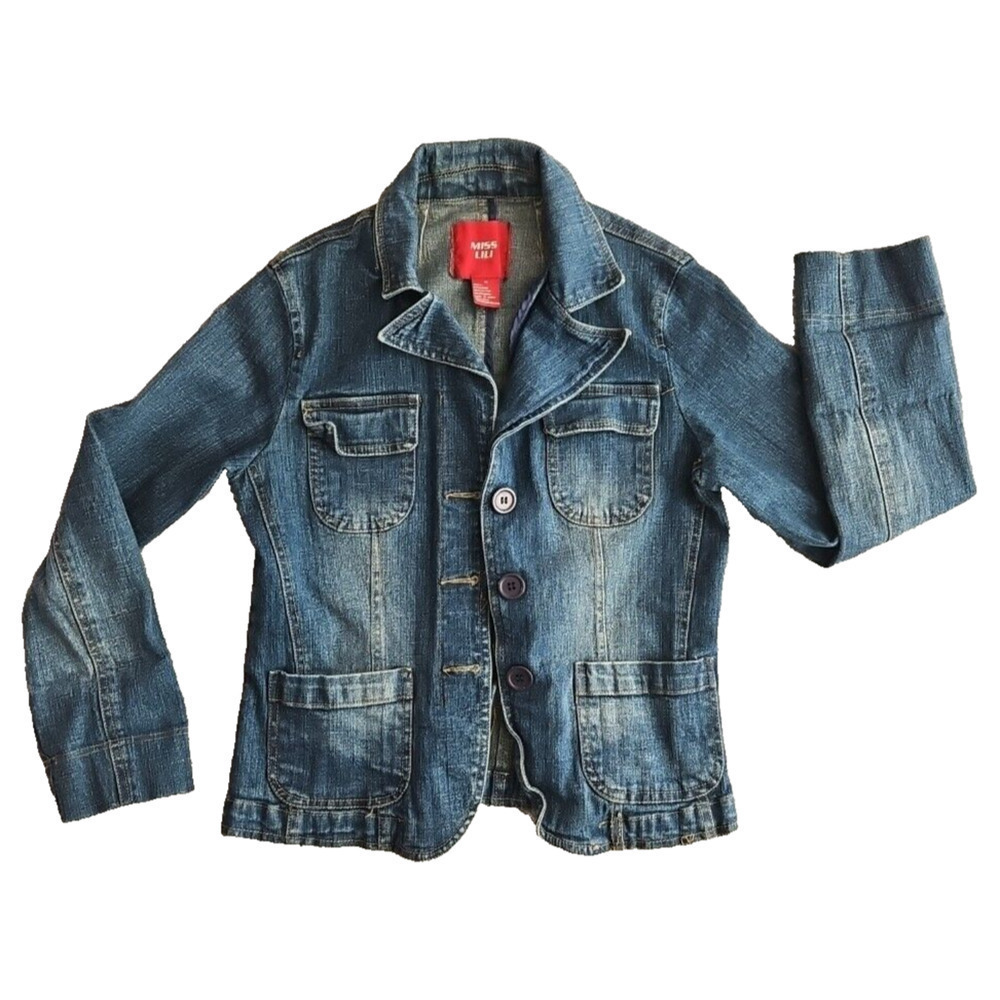 MISS LILI‎ Jean Jacket Women's Medium Blue Cropped Long Sleeves Denim Grt Cdt